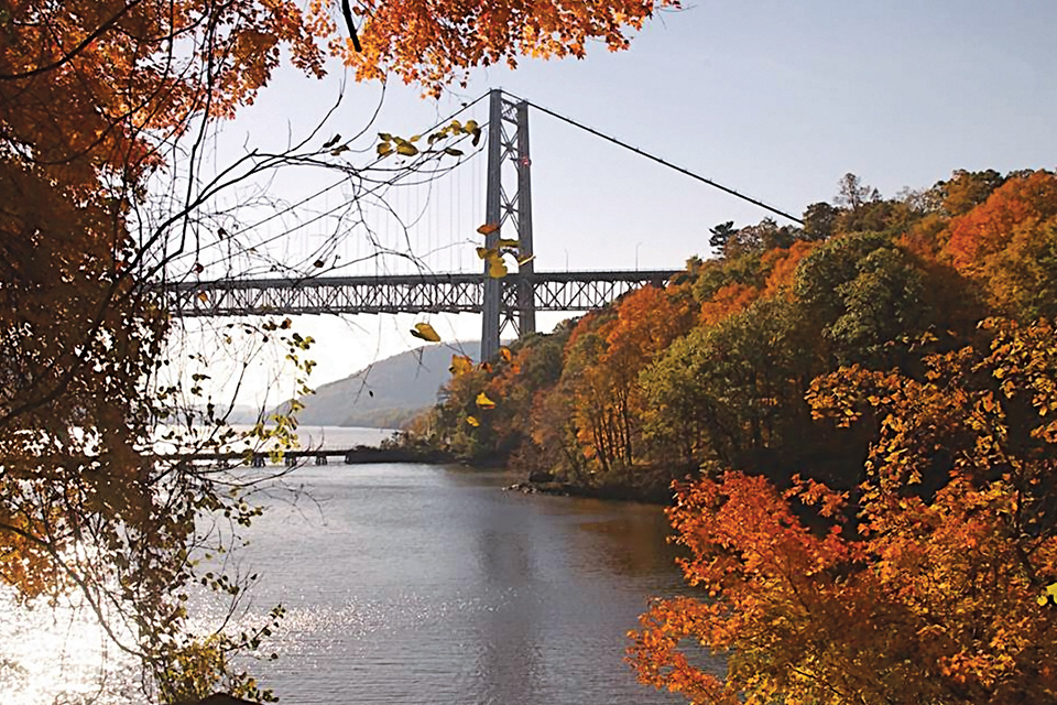 Bear Mountain Bridge with river and colorful leaved trees