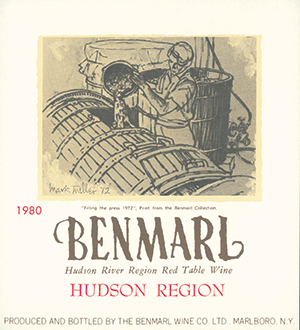 1980 Benmarl wine label with illustration of man pouring wine into barrel