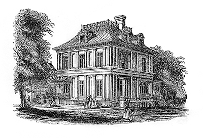 black and white etching of victorian style house