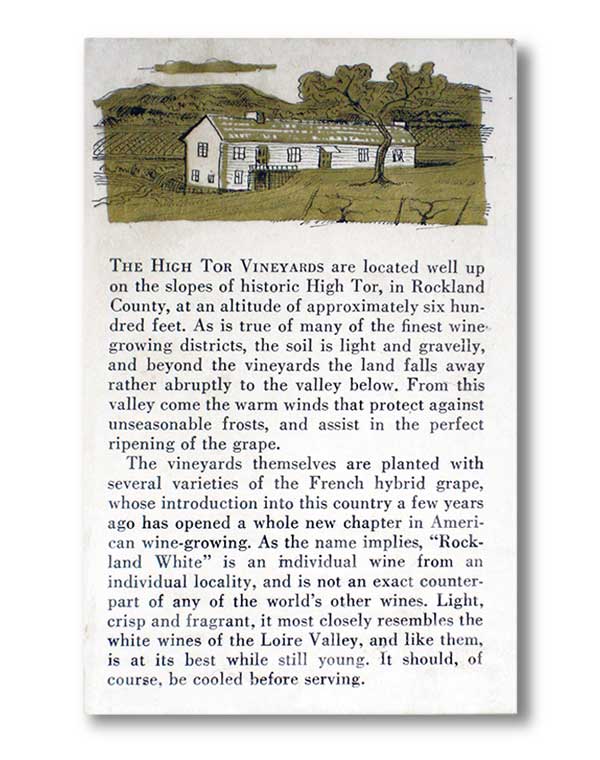 back of vintage label for High Tor wines