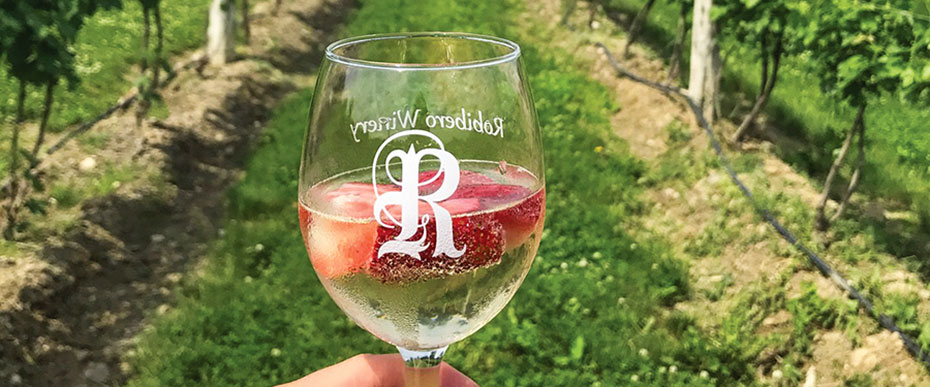 glass of rose with soft focus vines in background
