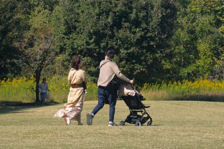 parent pushing a baby stroller in a park